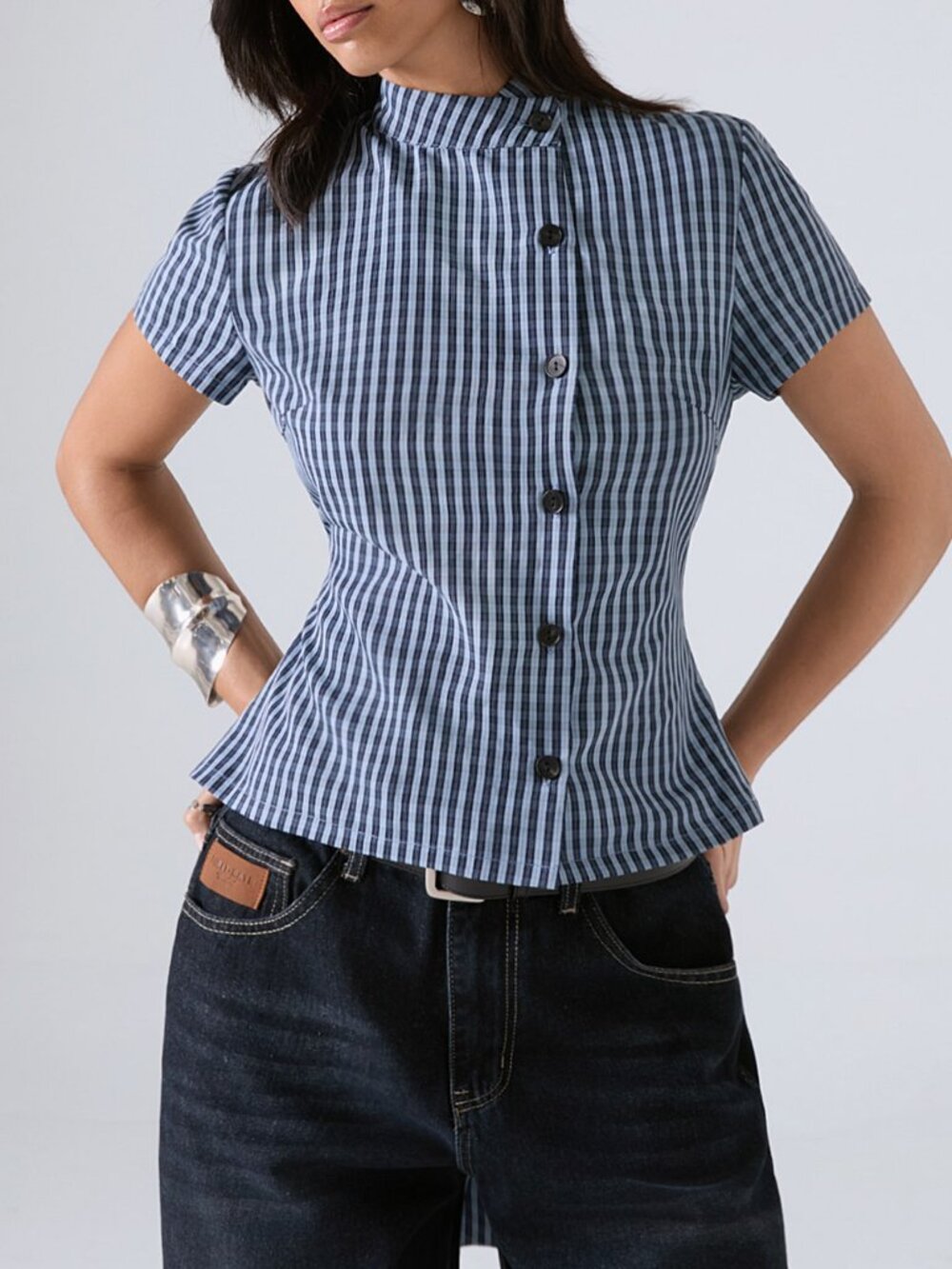 Blue Casual Women's Stand Collar Regular Fit Shirt Blouse - Picture 4 of 8